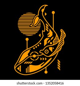 Vector Illustration. Orange Whale in Black Background. Unique Lineart Style