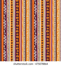 Vector illustration Orange, white and purple seamless background abstract striped pattern for halloween with pumpkin,  candy, ghost, spider, cauldron, scull, bones, zombie eyes . Flat silhouette style