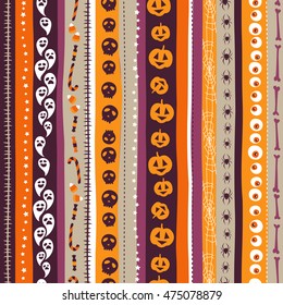 Vector illustration Orange, white and purple seamless background abstract striped pattern for halloween with pumpkin,  candy, ghost, spider, cauldron, scull, bones, zombie eyes . Flat silhouette style