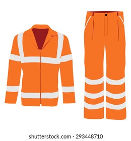 Vector illustration of orange worker jacket and pants. Protective safety  jacket and pants with reflective stripes