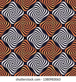 Vector illustration of orange, yellow, black and white warped rhombuses in checkered geometric layout. Seamless repeat pattern for gift wrap, textile, fabric, scrapbooking and fashion.