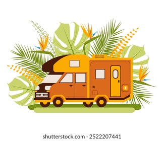 Vector illustration of an orange and yellow camper van surrounded by tropical plants like monstera leaves, palm fronds, and bird of paradise flowers, representing a summer camping theme.