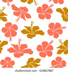 Vector illustration in orange and yellow colors on a white background. Seamless tropical flower, hibiscus pattern.