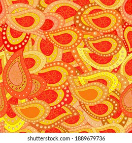 Ilustración vectorial. Naranja, amarillo y rojo en colores. Resumen agradable fondo. Patrón de garabatos para envolver papel.