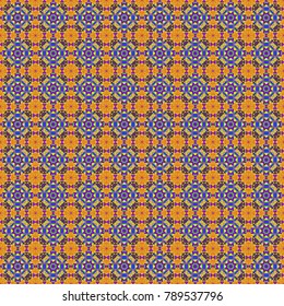 Vector illustration. Vector orange, yellow and violet simple mandala optical illusion, psychedelic trippy abstract seamless pattern texture.