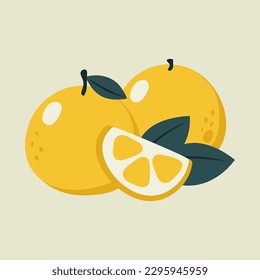 Vector illustration of oranges and half of orange on a beige background. Hand-drawn fruits in bright colors. Suitable for illustrating healthy eating, recipes, local farm. Card with oranges