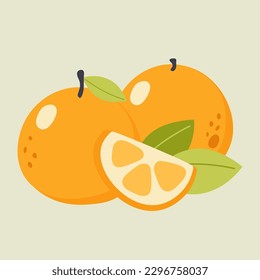 Vector illustration of oranges and half of orange on a beige background. Hand-drawn fruits in bright colors. Suitable for illustrating healthy eating, recipes, local farm. Card with oranges