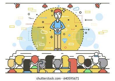  Vector illustration orator spokesman spokesperson speaker gesture businessman rhetor politician speech speaking on stage audience business presentation spitch line art linear style white background