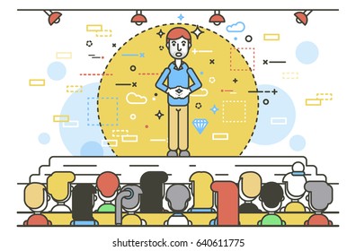  Vector illustration orator spokesman spokesperson speaker keeps fingers together businessman rhetor politician speech stage audience business presentation spitch line art style white background