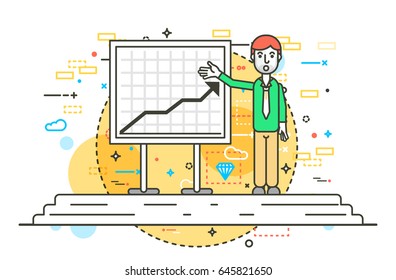 Vector illustration orator spokesman spokesperson speaker points to a flip chart businessman politician speech speaking stage audience business presentation line art style front view white background