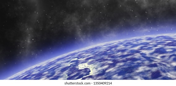 Vector illustration of an orbital landscape on the background of stars and nebula. Beautiful space backdrop.