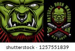 Vector illustration of an orc warrior with weapon on the dark background, text is on the separate group.