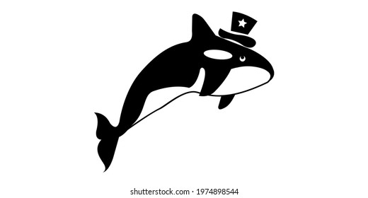 Vector illustration of an orca (killer whale) with hat. Business style picture is black isolated on white.