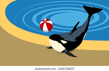 Vector illustration of an orca near a swimming pool with a beach ball. Fun and colorful animal scene in flat minimal style, ideal for summer, zoo, or aquatic themes