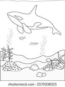 Vector illustration of Orca in the sea. with a seascape as the background. Creativity coloring book for children.
