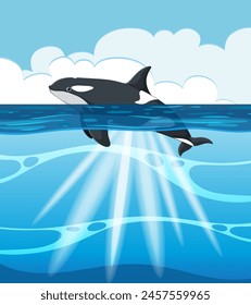 Vector illustration of an orca in a vibrant ocean.