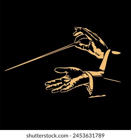 Vector illustration of orchestra conductor's hands. Silhouette in backlight. Without artificial intelligence
