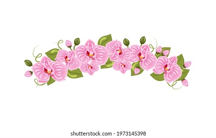 Vector illustration of orchid flowers diadem in cartoon style isolated on white background. Feminine natural wreath on the head for a selfie. Spring accessory for decorating a girl. A wreath of pink f