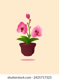 Ilustración vectorial de orquídeas en macetas aisladas en el fondo. Diferentes tipos de flores de colores tropicales o domésticos, hermosa flora, elementos de diseño de orquídeas florecientes. Ilustración vectorial de dibujos animados
