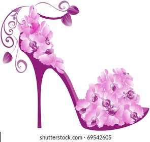 Vector illustration of orchids high heel. Shoes decorated with flowers