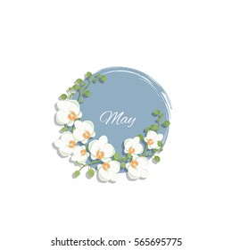 vector illustration with orchids; round, colorful background; generic template of an invitation (wedding, birthday, anniversary, or other festive event), season greetings card, sticker or month icon