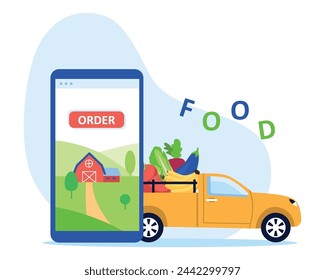 Vector illustration of order delivery. Cartoon scene of ordering various food via smartphone and car delivery of vegetables and fruits isolated on white background.