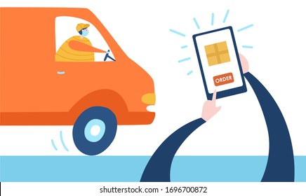 Vector illustration Order delivery from phone. Person makes purchase online and receives the boxes near apartment door. Safe express delivery service. Self isolation and quarantine lifestyle.