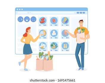 Vector Illustration. Order Food Online. App On Mobile Phone. Fresh Groceries. Food Delivery. Online Order Service. Order With Smartphone.Young Woman And Man Shopping Online. Stay At Home.