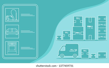 Vector illustration with order goods online. Warehouse, delivery. Cargo Delivery. Online store.  Shopping.