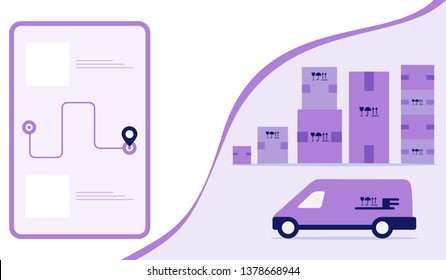 Vector illustration with order goods online. Warehouse, delivery. Cargo Delivery. Online store.  Shopping.