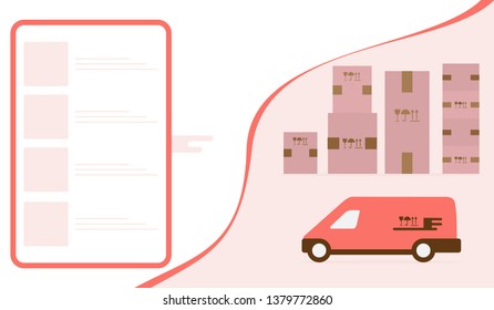 Vector illustration with order goods online. Warehouse, delivery. Cargo Delivery. Online store.  Shopping.