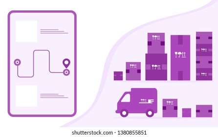 Vector illustration with order goods online. Warehouse, delivery. Cargo Delivery. Online store.  Shopping.