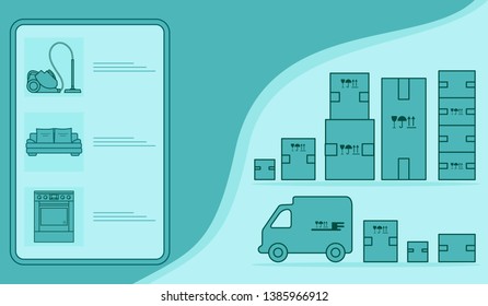 Vector illustration with order goods online. Warehouse, delivery. Cargo Delivery. Online store.  Shopping.