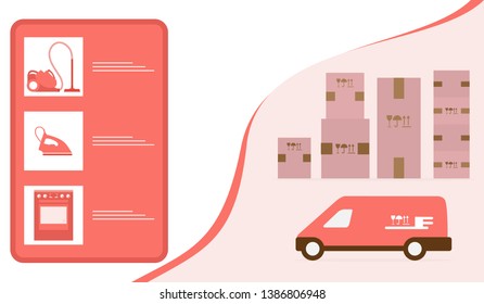 Vector illustration with order goods online. Warehouse, delivery. Cargo Delivery. Online store.  Shopping.