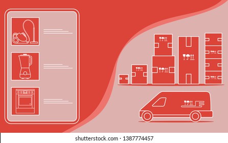 Vector illustration with order goods online. Warehouse, delivery. Cargo Delivery. Online store.  Shopping.