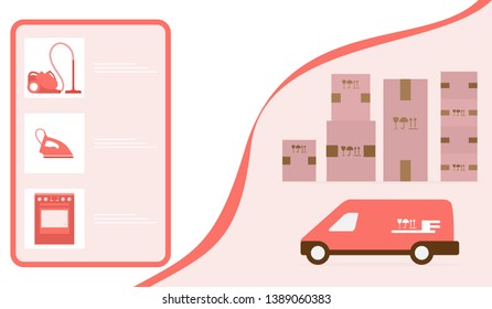 Vector illustration with order goods online. Warehouse, delivery. Cargo Delivery. Online store.  Shopping.
