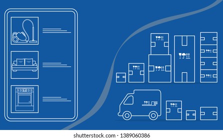 Vector illustration with order goods online. Warehouse, delivery. Cargo Delivery. Online store.  Shopping.