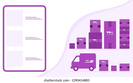 Vector illustration with order goods online. Warehouse, delivery. Cargo Delivery. Online store.  Shopping.