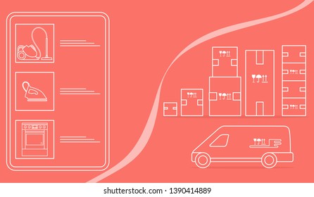 Vector illustration with order goods online. Warehouse, delivery. Cargo Delivery. Online store.  Shopping.