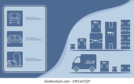 Vector illustration with order goods online. Warehouse, delivery. Cargo Delivery. Online store.  Shopping.