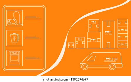 Vector illustration with order goods online. Warehouse, delivery. Cargo Delivery. Online store.  Shopping.