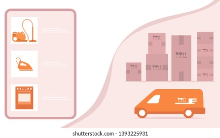 Vector illustration with order goods online. Warehouse, delivery. Cargo Delivery. Online store.  Shopping.