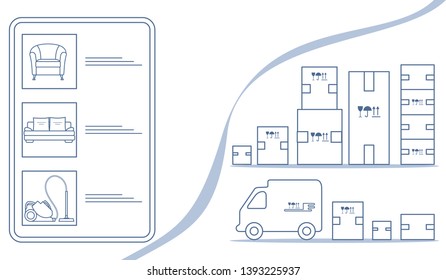 Vector illustration with order goods online. Warehouse, delivery. Cargo Delivery. Online store.  Shopping.