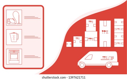 Vector illustration with order goods online. Warehouse, delivery. Cargo Delivery. Online store.  Shopping.