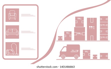 Vector illustration with order goods online. Warehouse, delivery. Cargo Delivery. Online store.  Shopping.