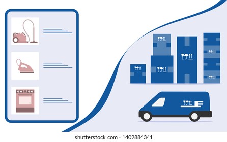 Vector illustration with order goods online. Warehouse, delivery. Cargo Delivery. Online store.  Shopping.