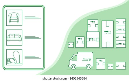 Vector illustration with order goods online. Warehouse, delivery. Cargo Delivery. Online store.  Shopping.
