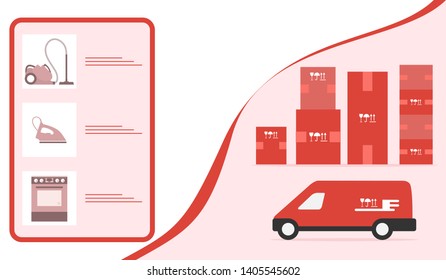 Vector illustration with order goods online. Warehouse, delivery. Cargo Delivery. Online store.  Shopping.