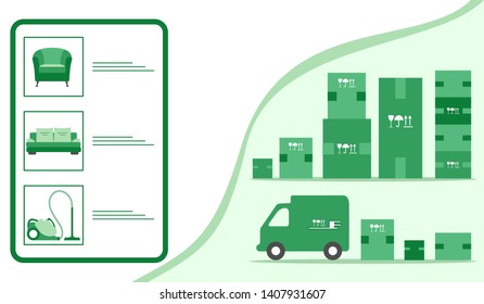 Vector illustration with order goods online. Warehouse, delivery. Cargo Delivery. Online store.  Shopping.