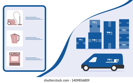 Vector illustration with order goods online. Warehouse, delivery. Cargo Delivery. Online store.  Shopping.